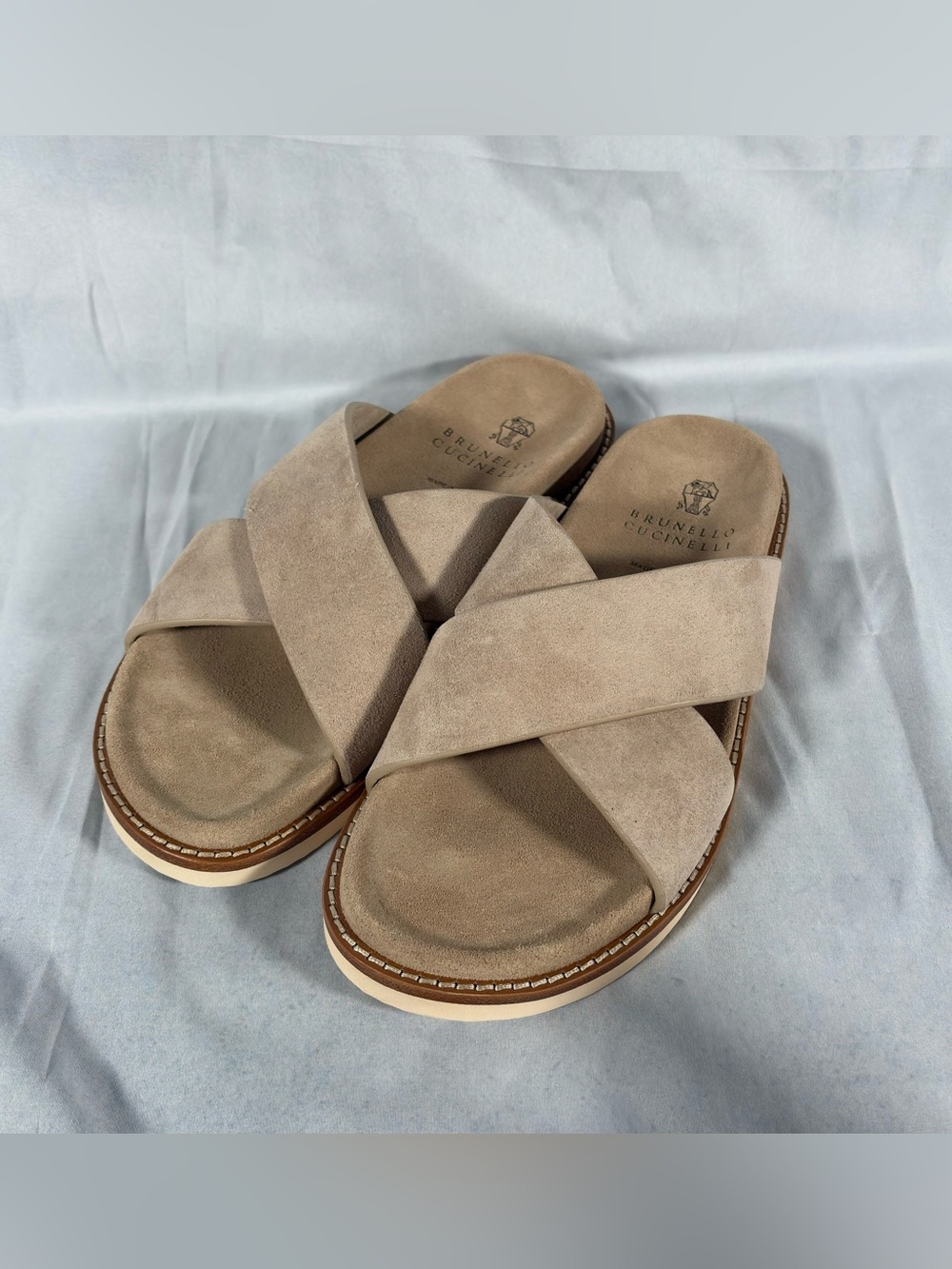 Brunello Cucinelli Beige Suede Cross Strap Slide Sandals EU 39 Made in Italy